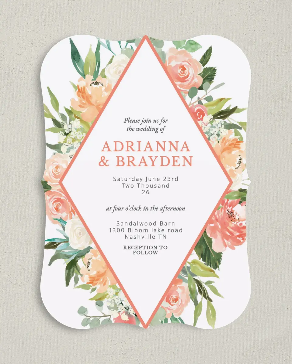 This is a 5" x 7" Bracket Wedding Invitation called Diamond Garden printed in full color with Silver foil on Luxe Satin (coated) paper