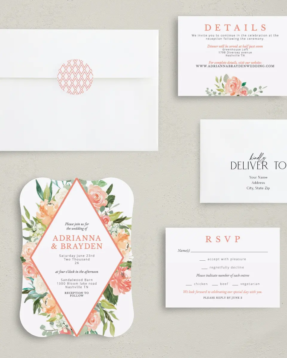 This is a 5" x 7" Bracket Wedding Invitation called Diamond Garden printed in full color with Silver foil on Luxe Satin (coated) paper