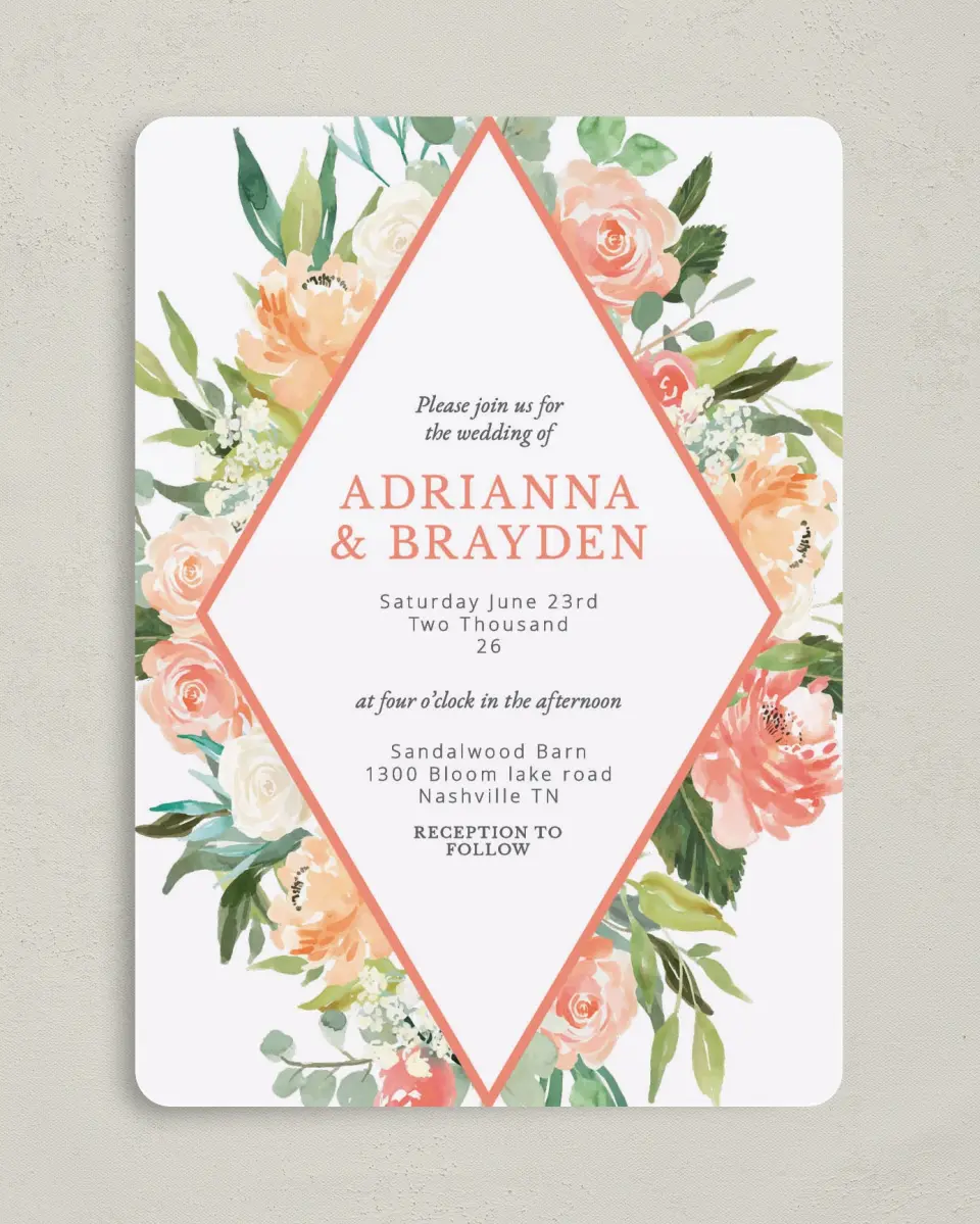 This is a 5" x 7" Rounded Wedding Invitation called Diamond Garden printed in full color on Premium Smooth paper