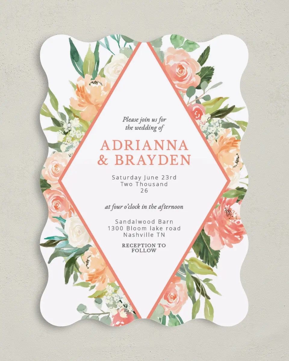 This is a 5" x 7" Wavy Wedding Invitation called Diamond Garden printed in full color on Premium Smooth paper
