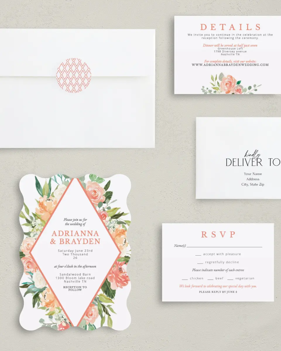 This is a 5" x 7" Wavy Wedding Invitation called Diamond Garden printed in full color with Silver foil on Luxe Satin (coated) paper