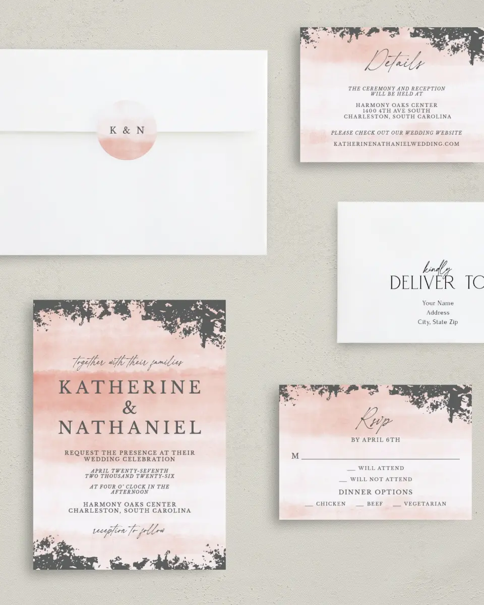 This is a 5" x 7" Classic Wedding Invitation called Chic Patina printed in full color with Gold foil on Luxe Satin (coated) paper