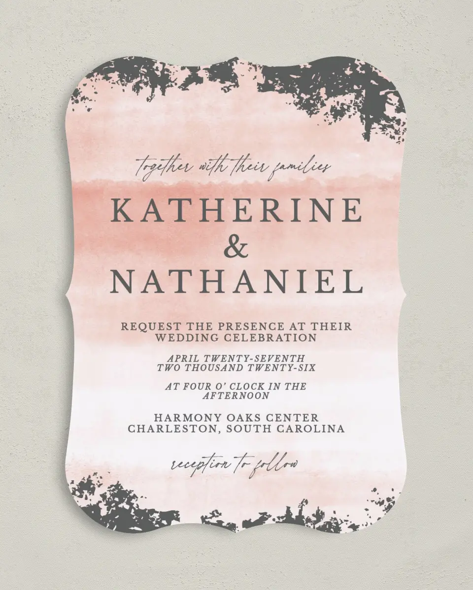 This is a 5" x 7" Bracket Wedding Invitation called Chic Patina printed in full color on Premium Smooth paper