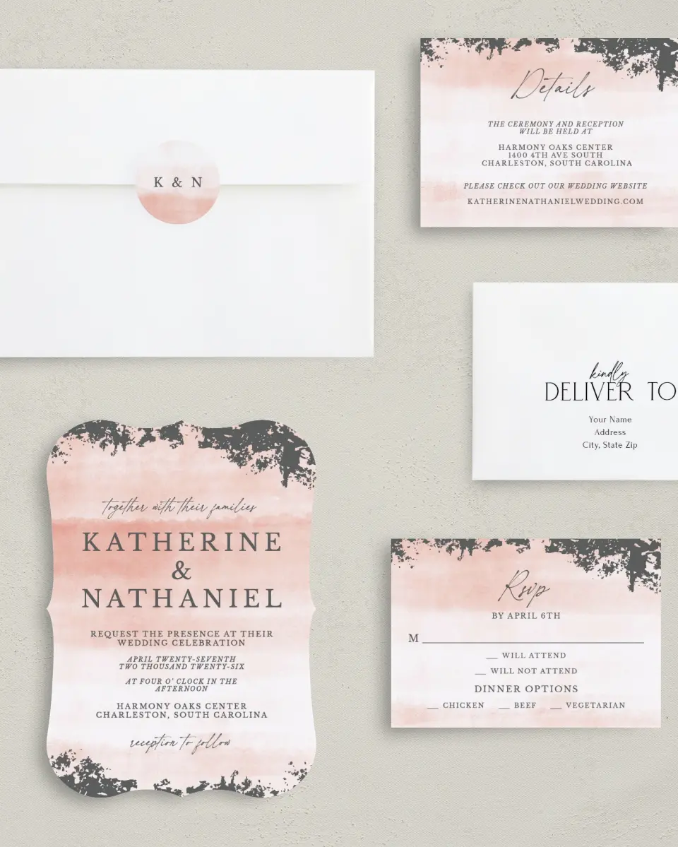 This is a 5" x 7" Bracket Wedding Invitation called Chic Patina printed in full color with Silver foil on Luxe Satin (coated) paper