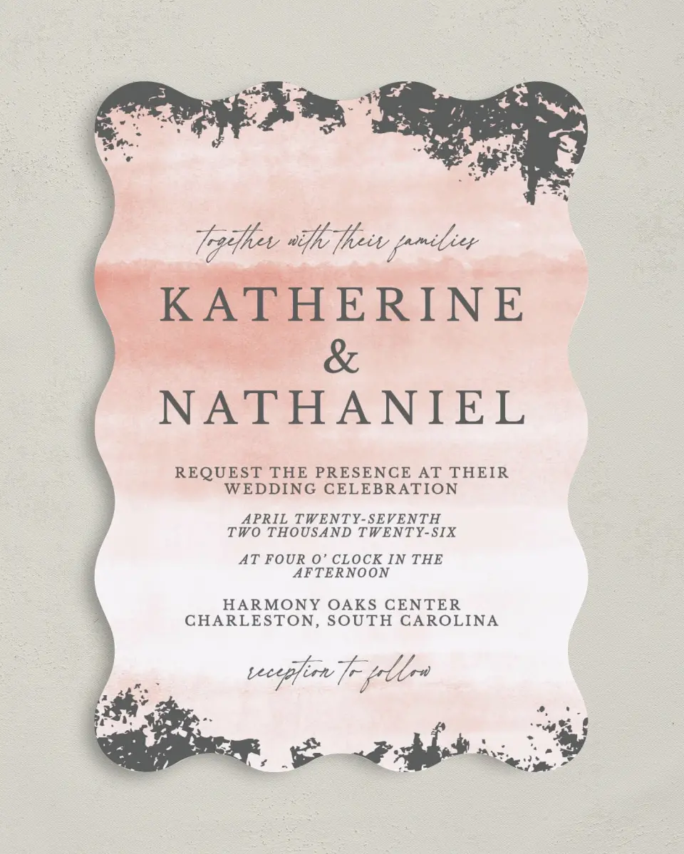 This is a 5" x 7" Wavy Wedding Invitation called Chic Patina printed in full color on Premium Smooth paper