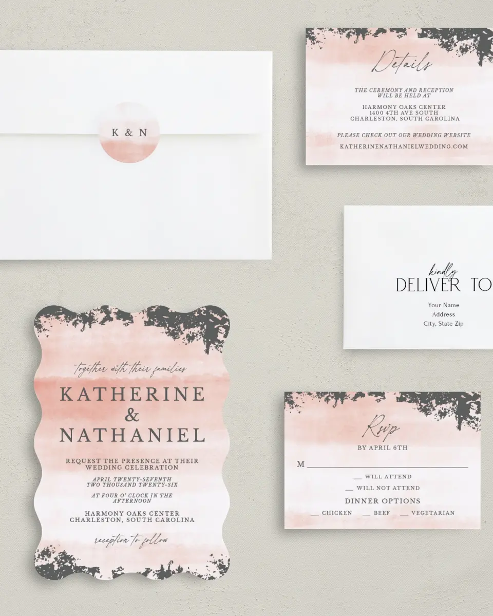 This is a 5" x 7" Wavy Wedding Invitation called Chic Patina printed in full color with Silver foil on Luxe Satin (coated) paper