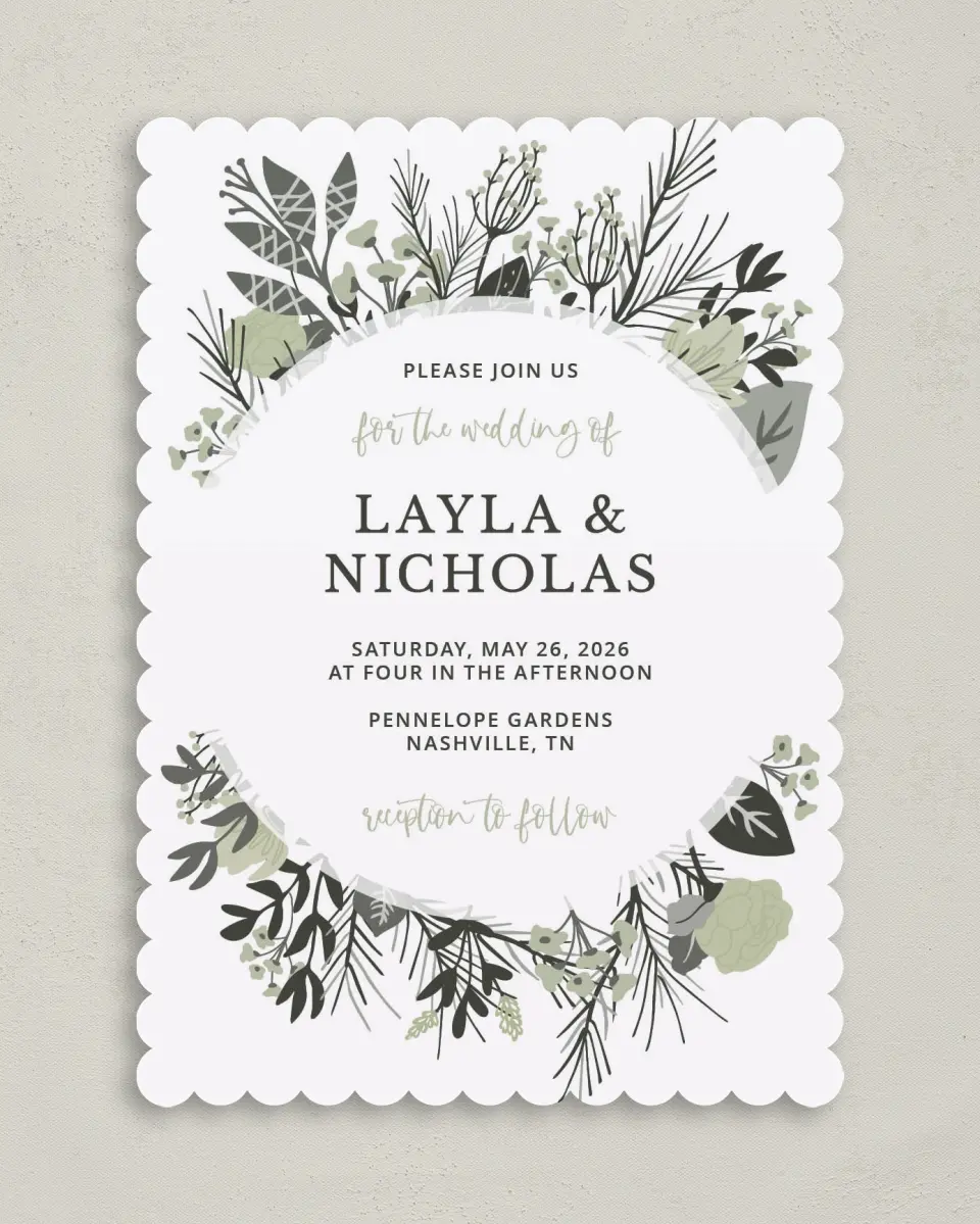 This is a 5" x 7" Classic Wedding Invitation called Greenery Crown printed in full color on Premium Smooth paper