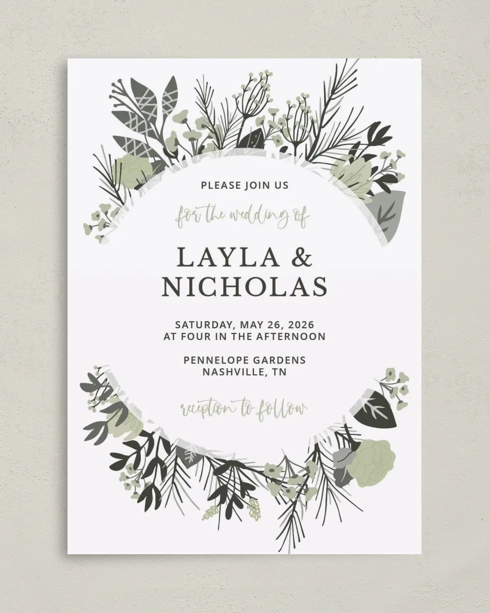 This is a 5" x 7" Classic Wedding Invitation called Greenery Crown printed in full color with Gold foil on Luxe Satin (coated) paper