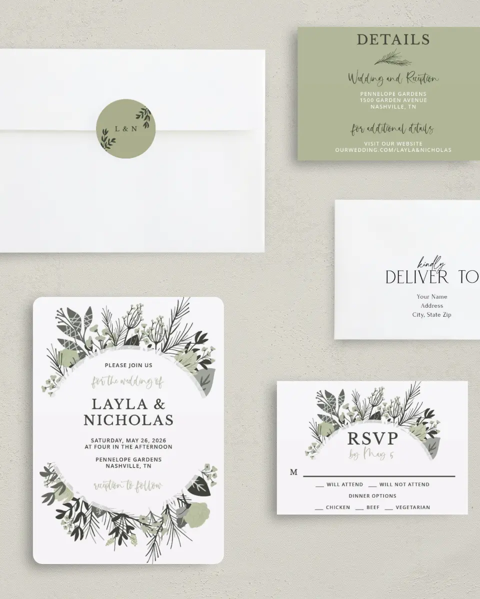 This is a 5" x 7" Rounded Wedding Invitation called Greenery Crown printed in full color with Gold foil on Luxe Satin (coated) paper