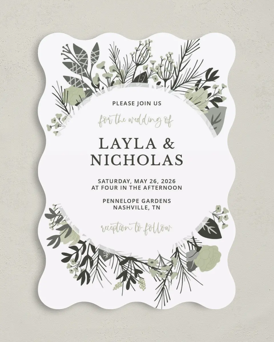 This is a 5" x 7" Wavy Wedding Invitation called Greenery Crown printed in full color with Gold foil on Luxe Satin (coated) paper