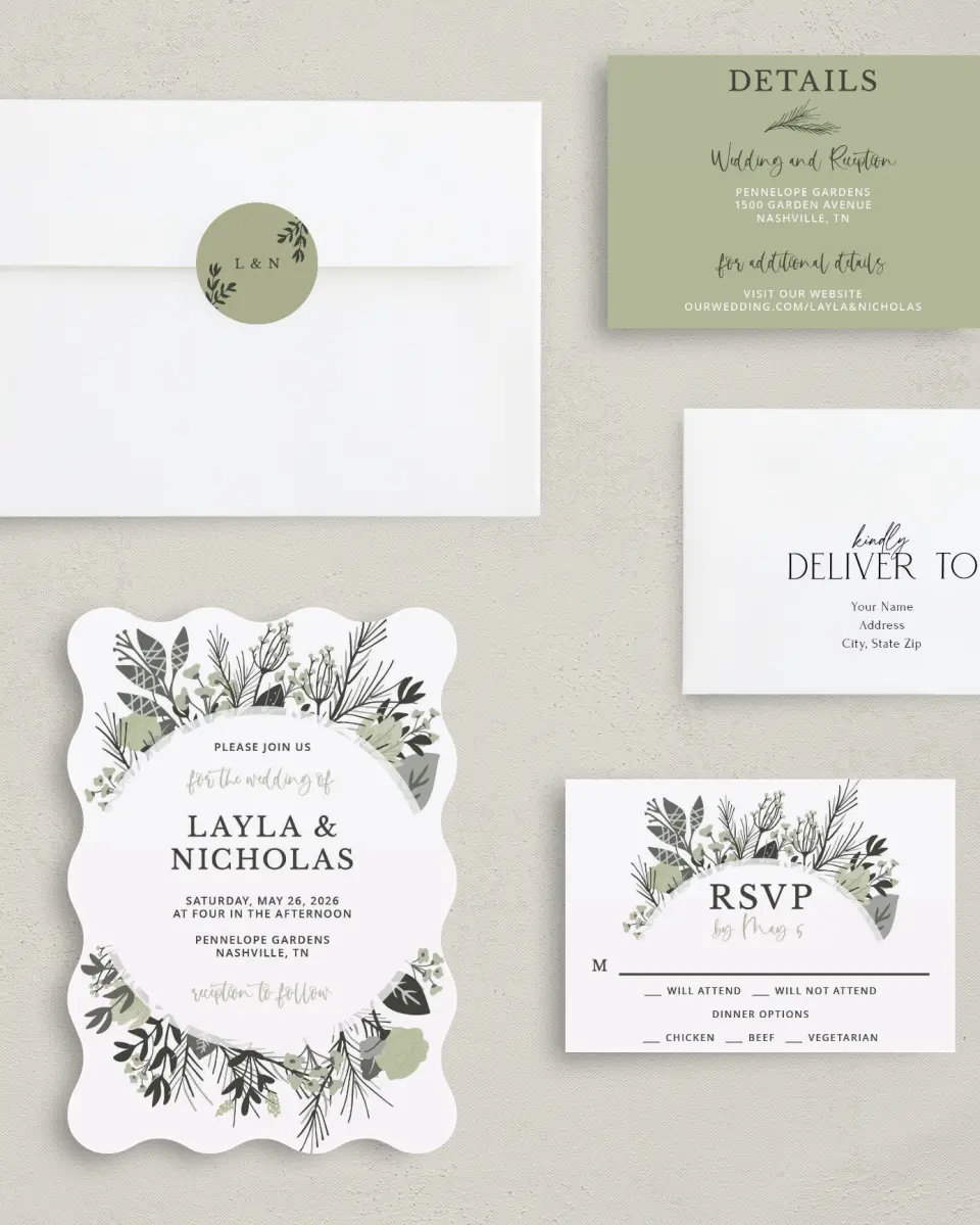 This is a 5" x 7" Wavy Wedding Invitation called Greenery Crown printed in full color with Gold foil on Luxe Satin (coated) paper
