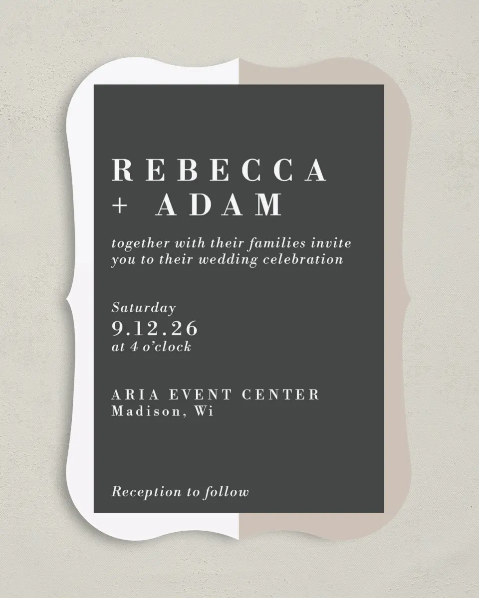 This is a 5" x 7" Bracket Wedding Invitation called Merging Love printed in full color with Silver foil on Luxe Satin (coated) paper