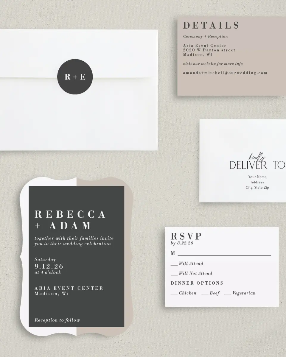 This is a 5" x 7" Bracket Wedding Invitation called Merging Love printed in full color with Silver foil on Luxe Satin (coated) paper