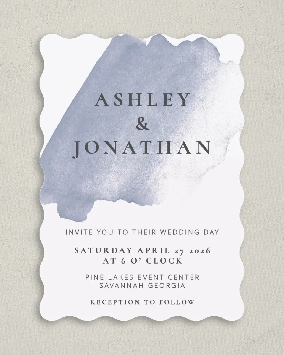 This is a 5" x 7" Wavy Wedding Invitation called Stroke of Luck printed in full color on Premium Smooth paper