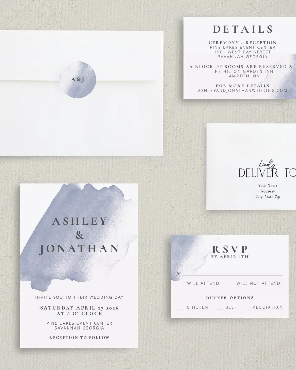 This is a 5" x 7" Classic Wedding Invitation called Stroke of Luck printed in full color with Gold foil on Luxe Satin (coated) paper