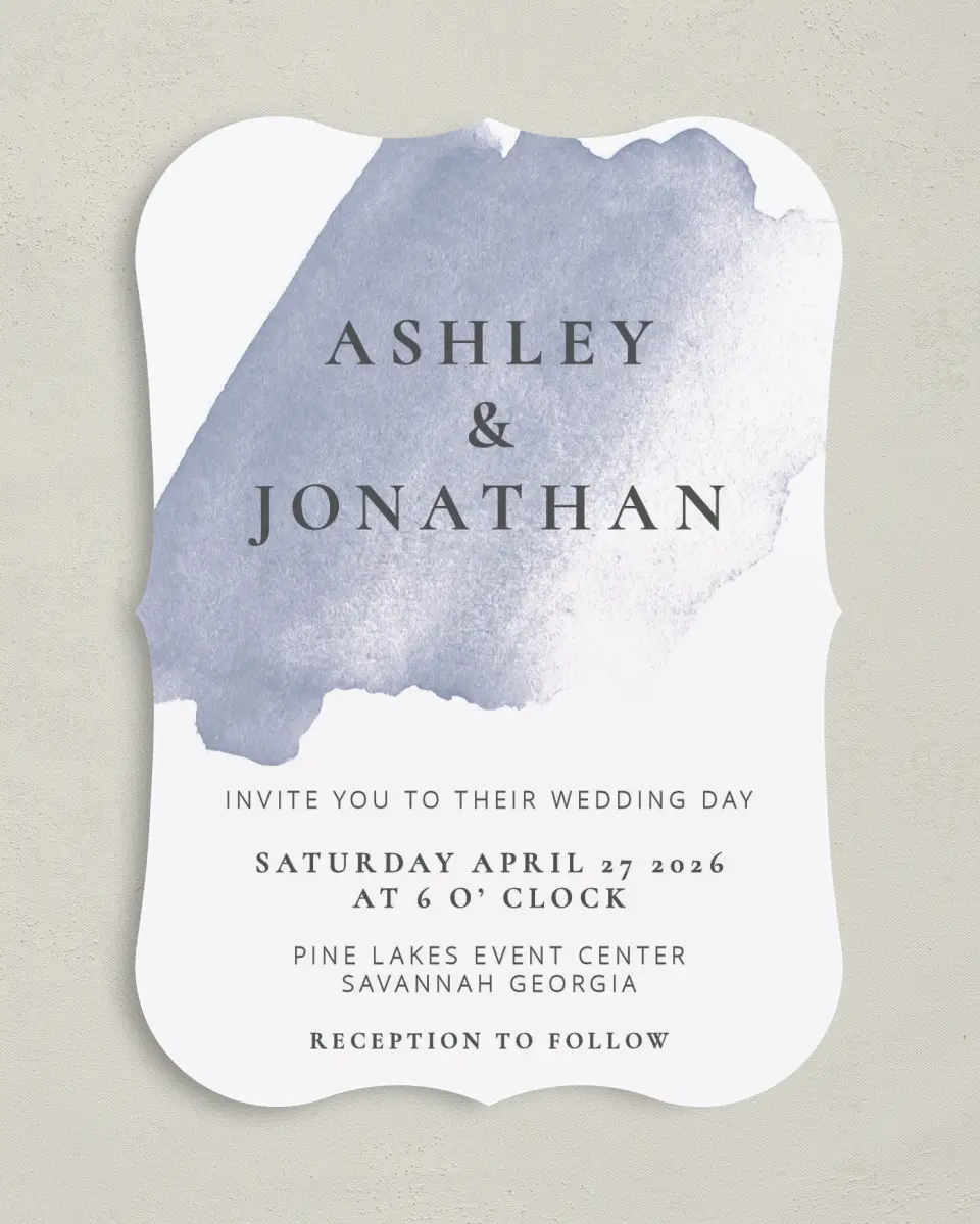 This is a 5" x 7" Bracket Wedding Invitation called Stroke of Luck printed in full color with Silver foil on Luxe Satin (coated) paper