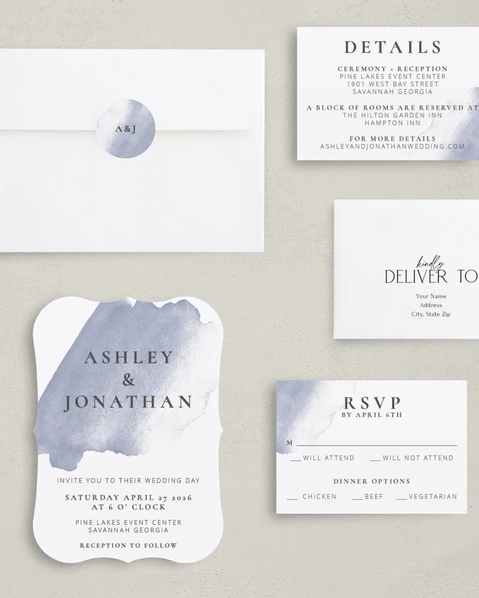 This is a 5" x 7" Bracket Wedding Invitation called Stroke of Luck printed in full color with Silver foil on Luxe Satin (coated) paper