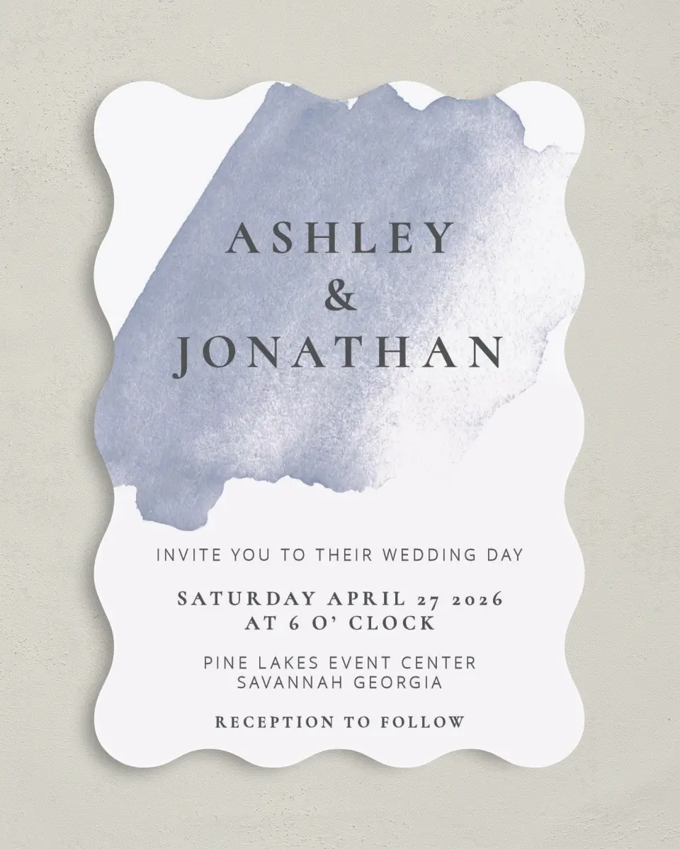 This is a 5" x 7" Wavy Wedding Invitation called Stroke of Luck printed in full color on Premium Smooth paper