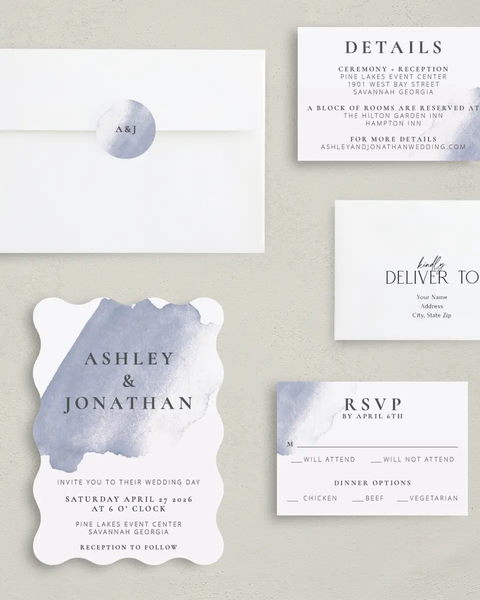 This is a 5" x 7" Wavy Wedding Invitation called Stroke of Luck printed in full color with Rose Gold foil on Luxe Satin (coated) paper