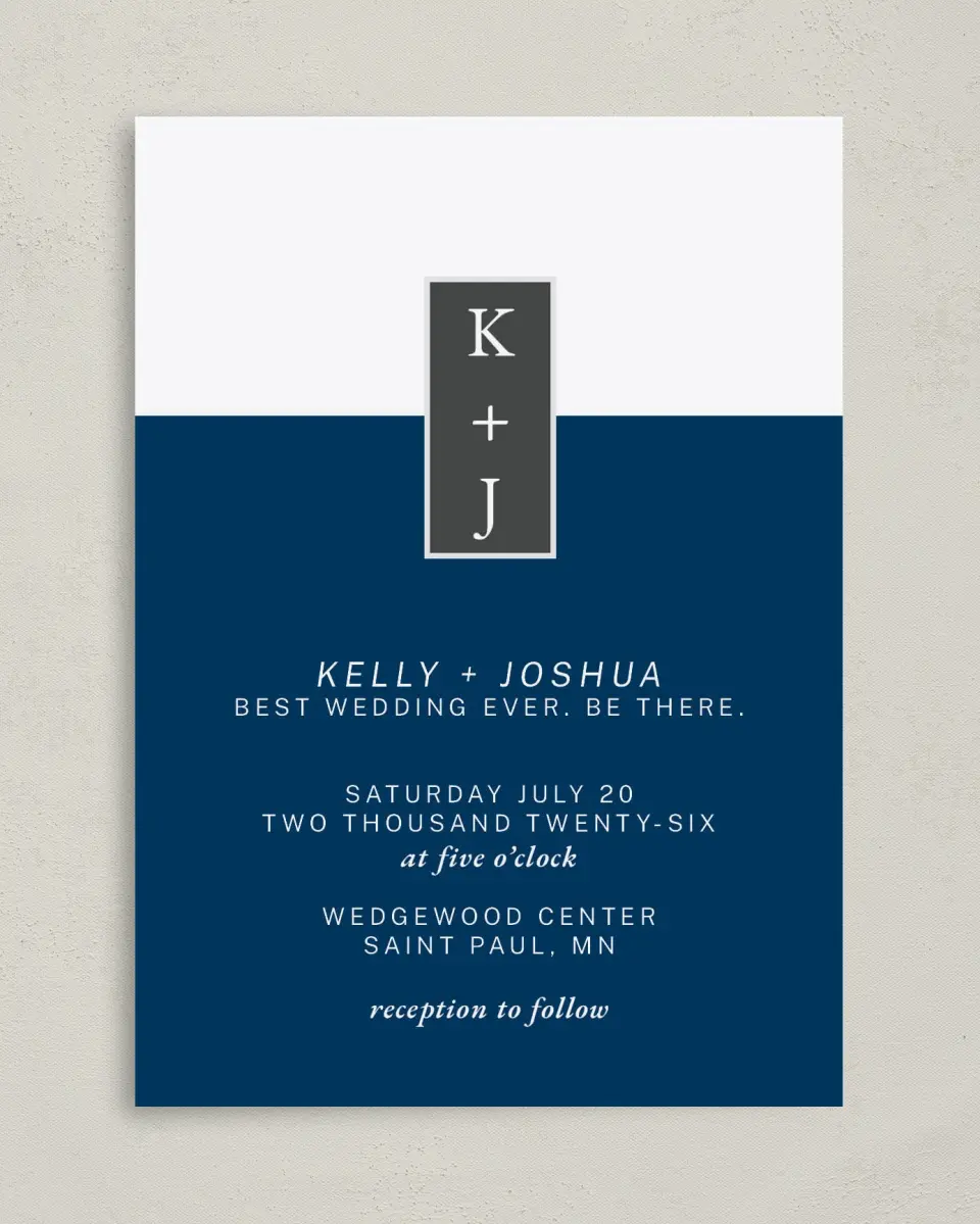 This is a 5" x 7" Classic Wedding Invitation called Best Wedding Ever printed in full color with Gold foil on Luxe Satin (coated) paper