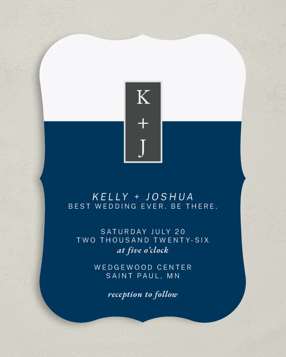 This is a 5" x 7" Bracket Wedding Invitation called Best Wedding Ever printed in full color with Silver foil on Luxe Satin (coated) paper
