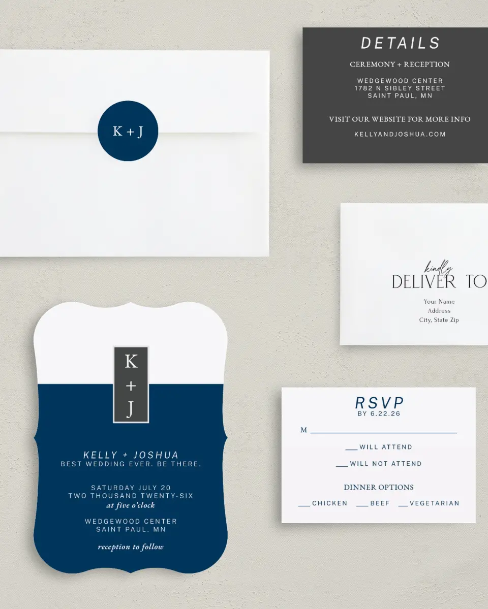 This is a 5" x 7" Bracket Wedding Invitation called Best Wedding Ever printed in full color with Silver foil on Luxe Satin (coated) paper