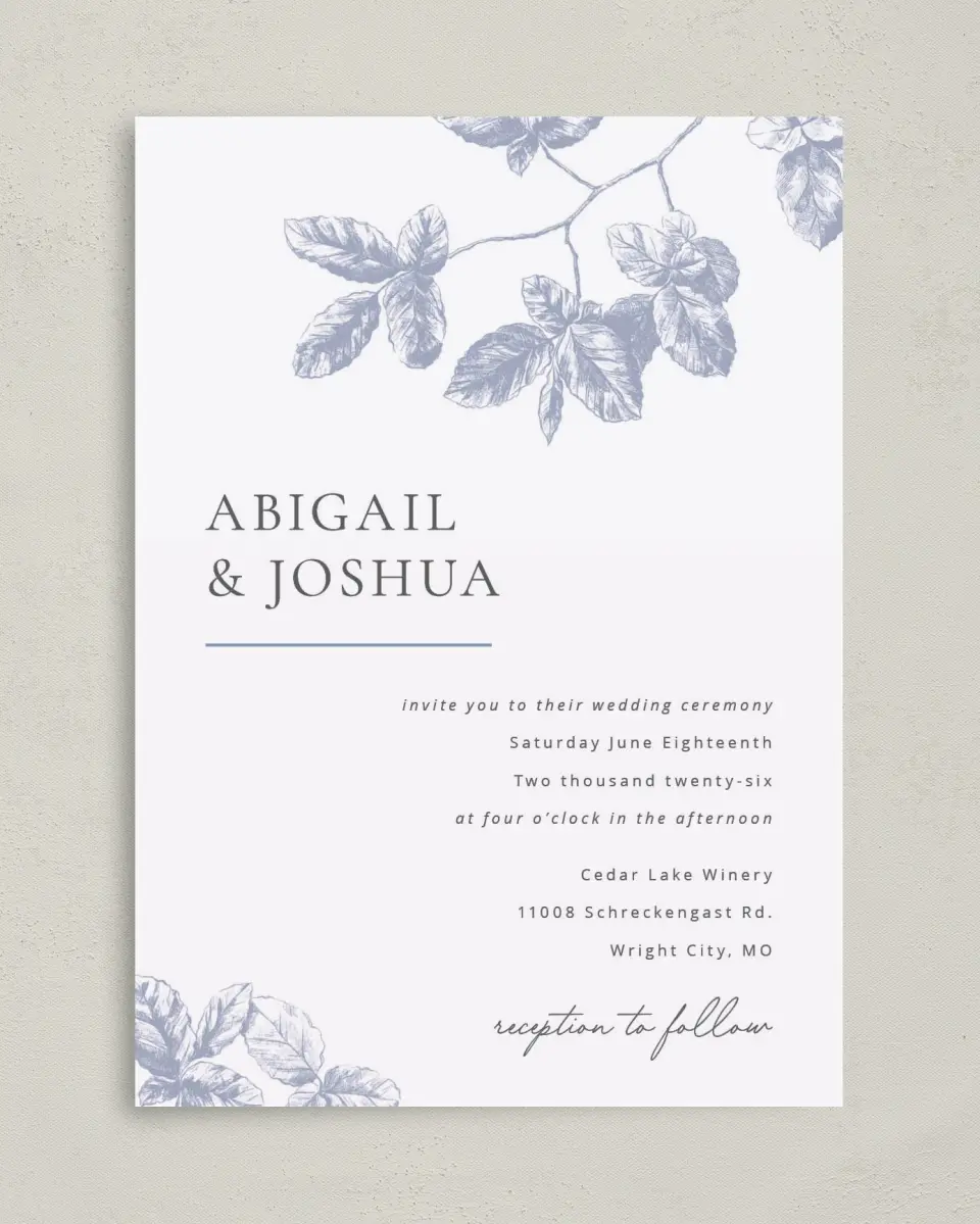 This is a 5" x 7" Classic Wedding Invitation called Leafy Elegance printed in full color on Premium Smooth paper