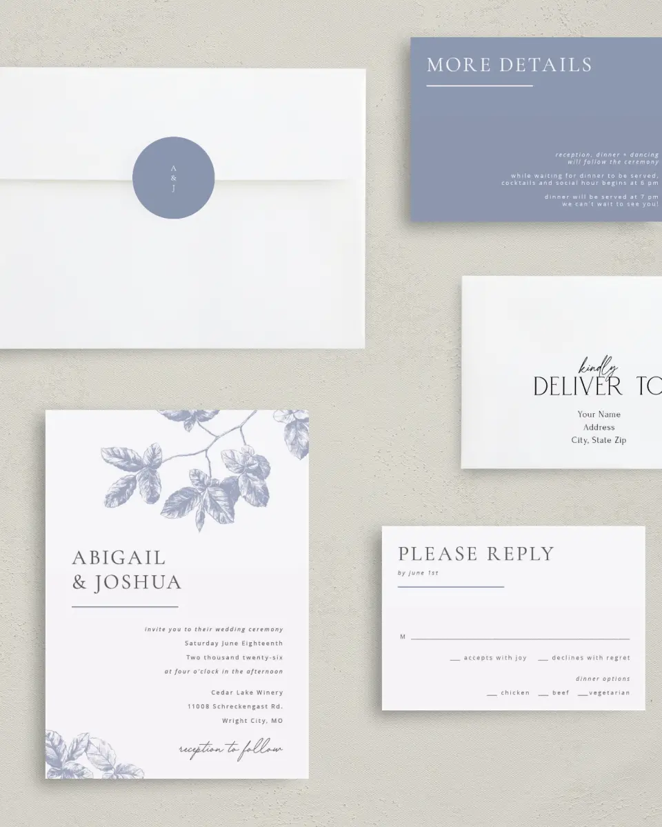 This is a 5" x 7" Classic Wedding Invitation called Leafy Elegance printed in full color with Rose Gold foil on Luxe Satin (coated) paper