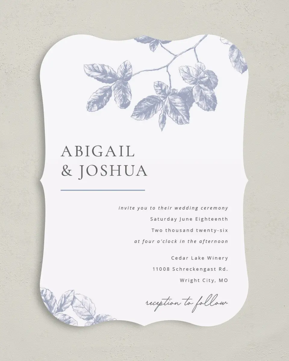 This is a 5" x 7" Bracket Wedding Invitation called Leafy Elegance printed in full color on Premium Smooth paper