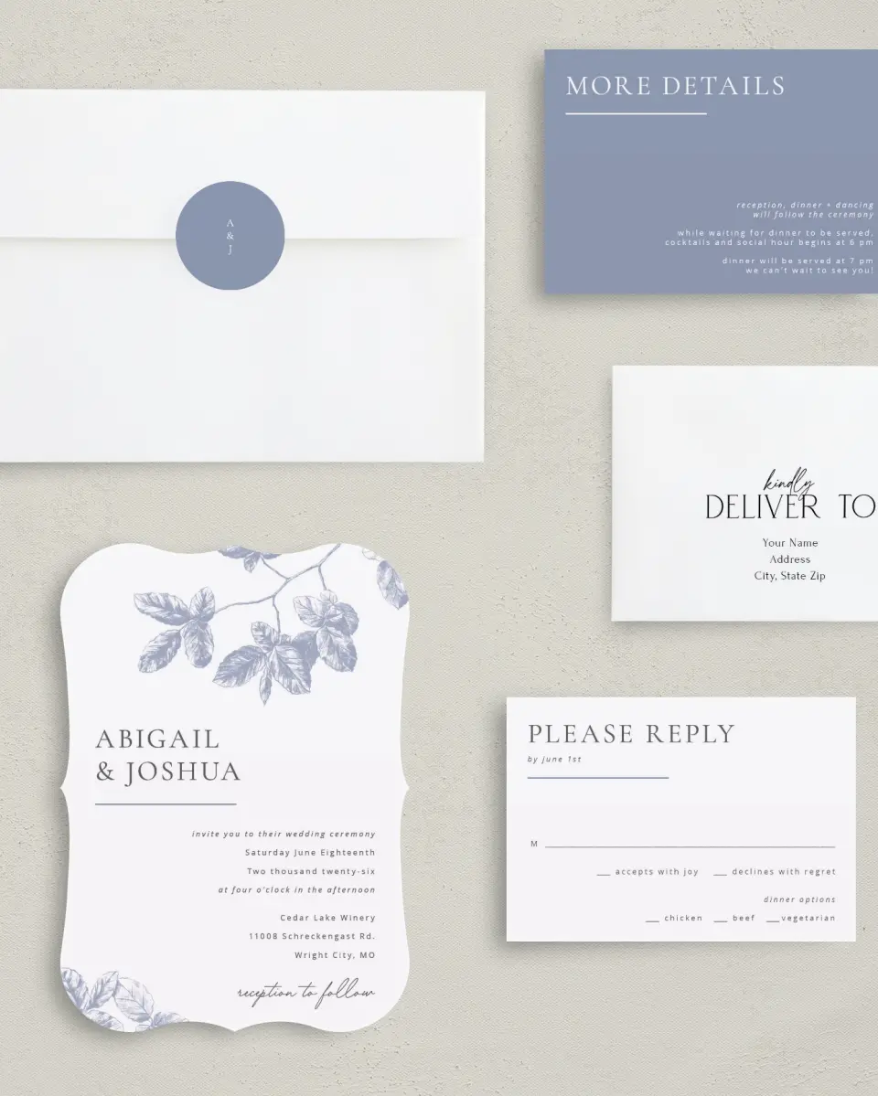 This is a 5" x 7" Bracket Wedding Invitation called Leafy Elegance printed in full color with Silver foil on Luxe Satin (coated) paper