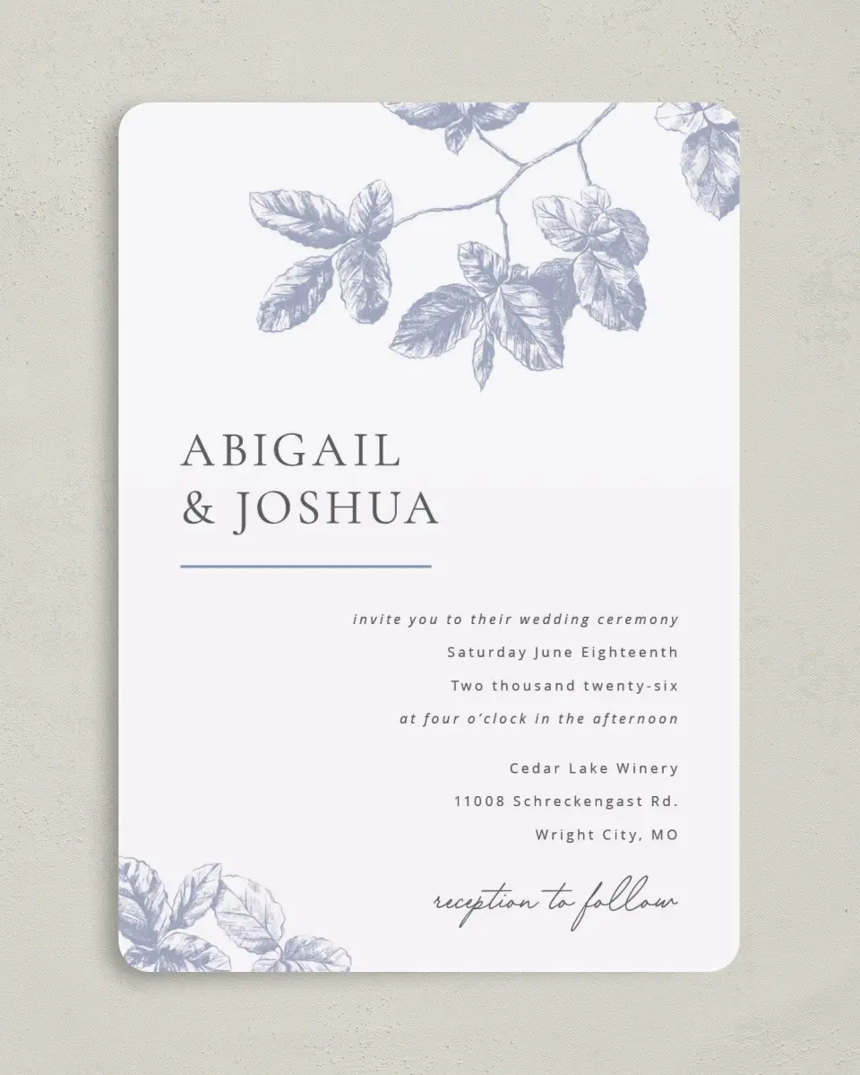 This is a 5" x 7" Rounded Wedding Invitation called Leafy Elegance printed in full color on Premium Smooth paper