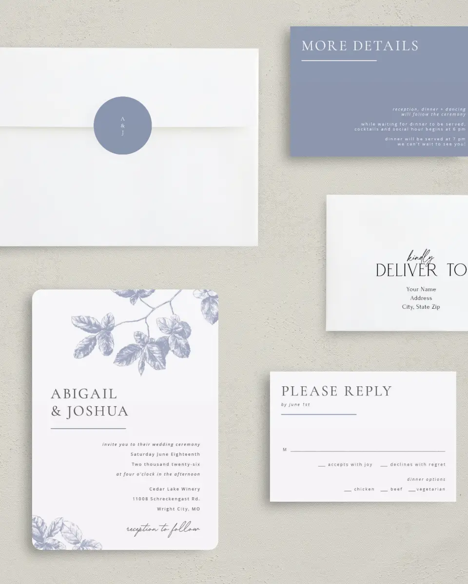 This is a 5" x 7" Rounded Wedding Invitation called Leafy Elegance printed in full color on Premium Smooth paper