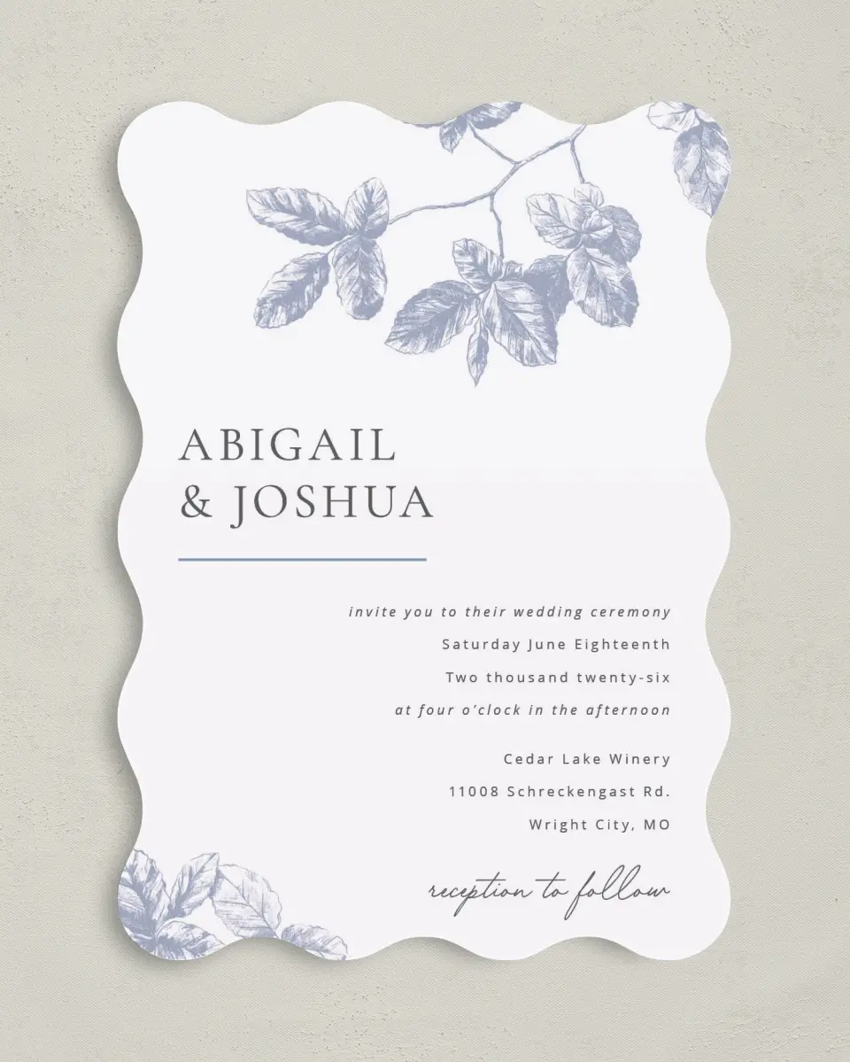 This is a 5" x 7" Wavy Wedding Invitation called Leafy Elegance printed in full color on Premium Smooth paper