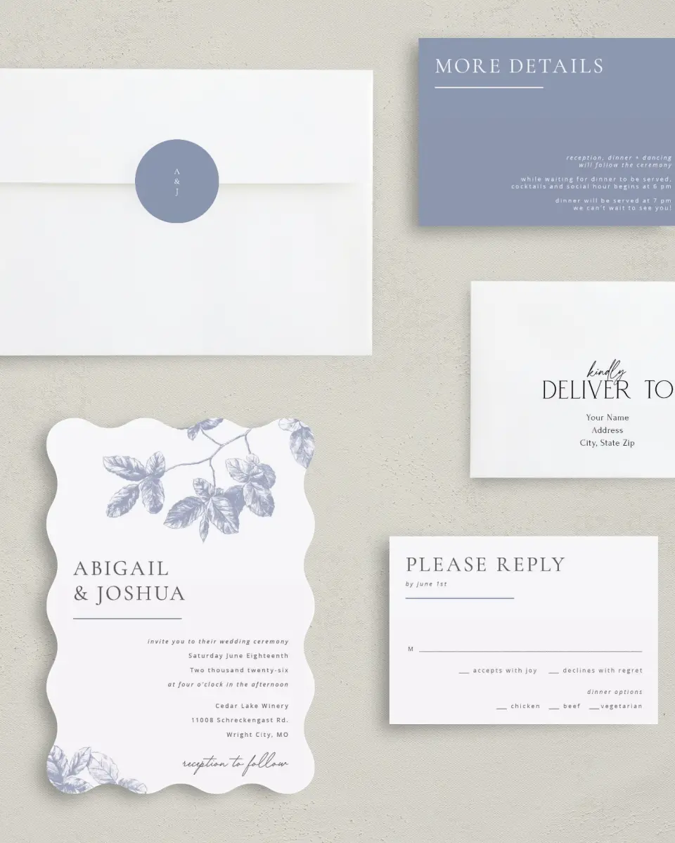 This is a 5" x 7" Wavy Wedding Invitation called Leafy Elegance printed in full color with Silver foil on Luxe Satin (coated) paper