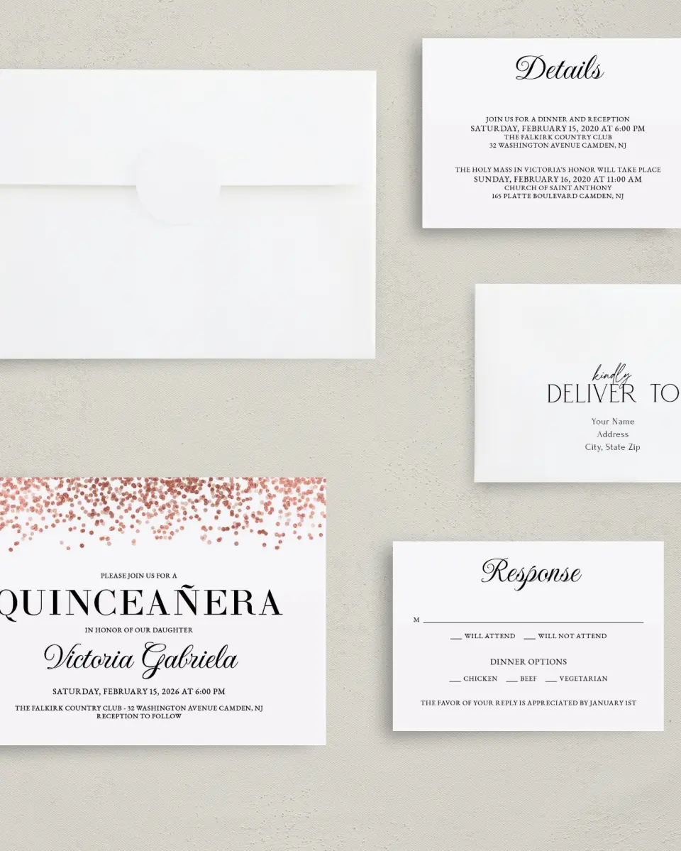 This is a 5" x 7" Quinceanera Invitation called Bronze Beauty printed in full color with Silver foil on Luxe Satin (coated) paper