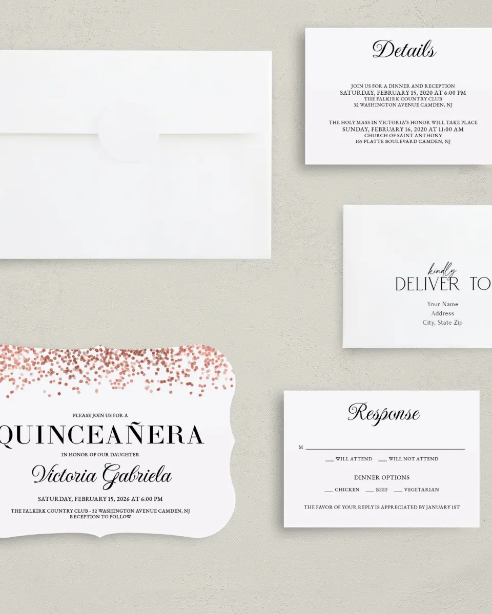 This is a 5" x 7" Quinceanera Invitation called Bronze Beauty printed in full color with Silver foil on Luxe Satin (coated) paper