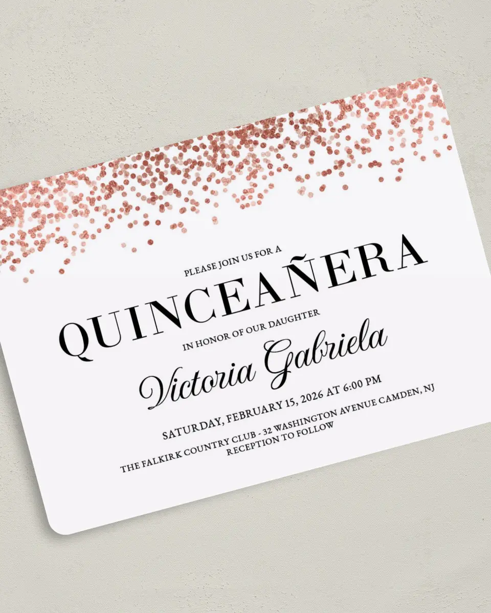 This is a 5" x 7" Quinceanera Invitation called Bronze Beauty printed in full color on Premium Smooth paper