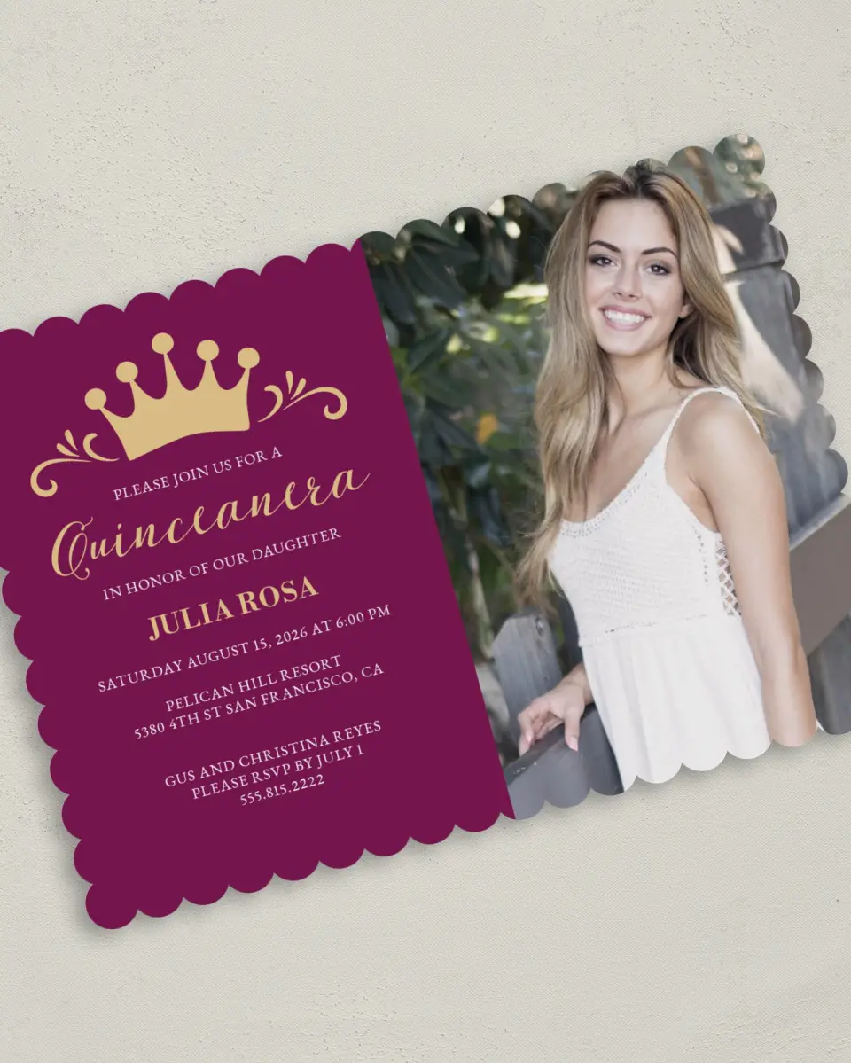 This is a 5" x 7" Quinceanera Invitation called Crowning Moment printed in full color on Premium Smooth paper