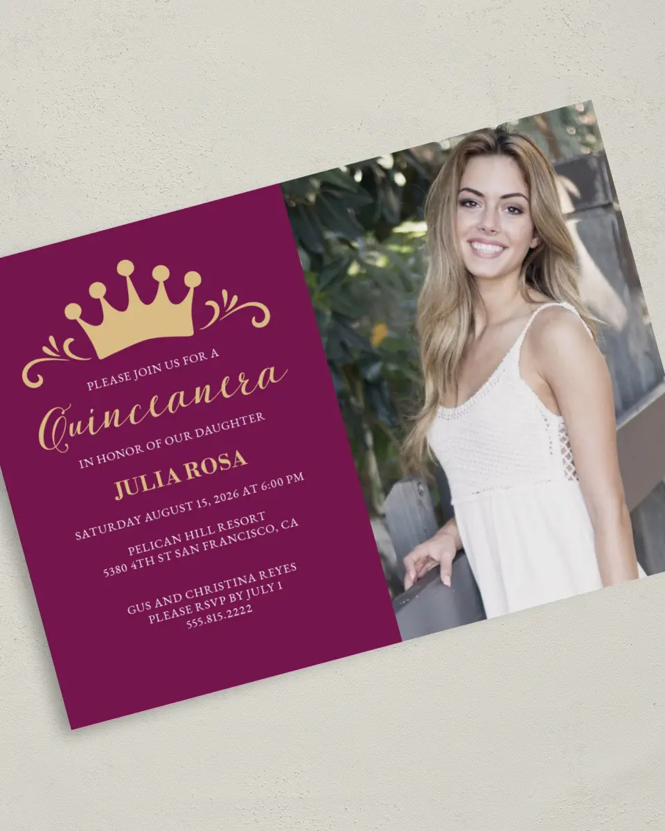 This is a 5" x 7" Quinceanera Invitation called Crowning Moment printed in full color on Premium Smooth paper