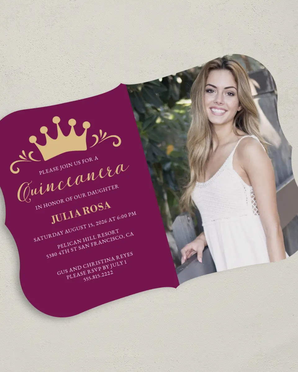 This is a 5" x 7" Quinceanera Invitation called Crowning Moment printed in full color on Premium Smooth paper