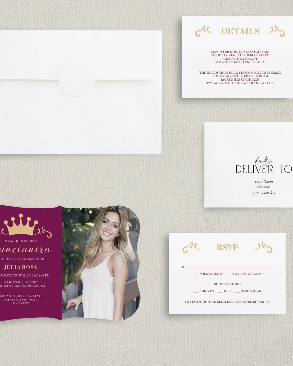 This is a 5" x 7" Quinceanera Invitation called Crowning Moment printed in full color with Silver foil on Luxe Satin (coated) paper