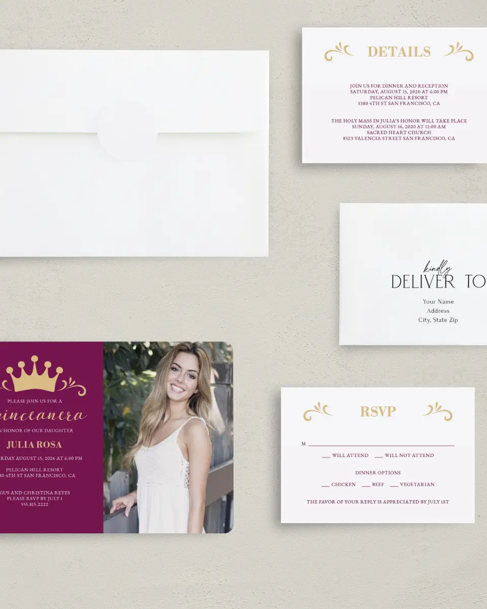 This is a 5" x 7" Quinceanera Invitation called Crowning Moment printed in full color with Silver foil on Luxe Satin (coated) paper