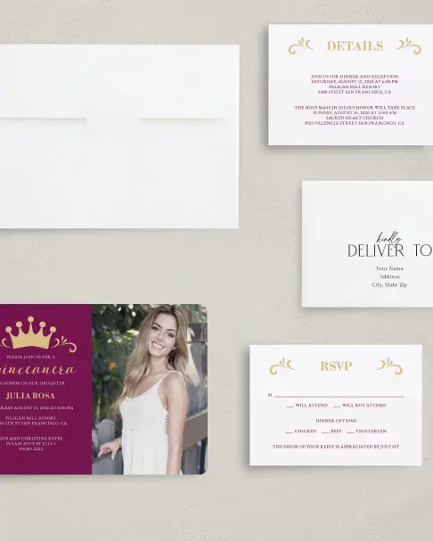 This is a 5" x 7" Quinceanera Invitation called Crowning Moment printed in full color on Premium Smooth paper