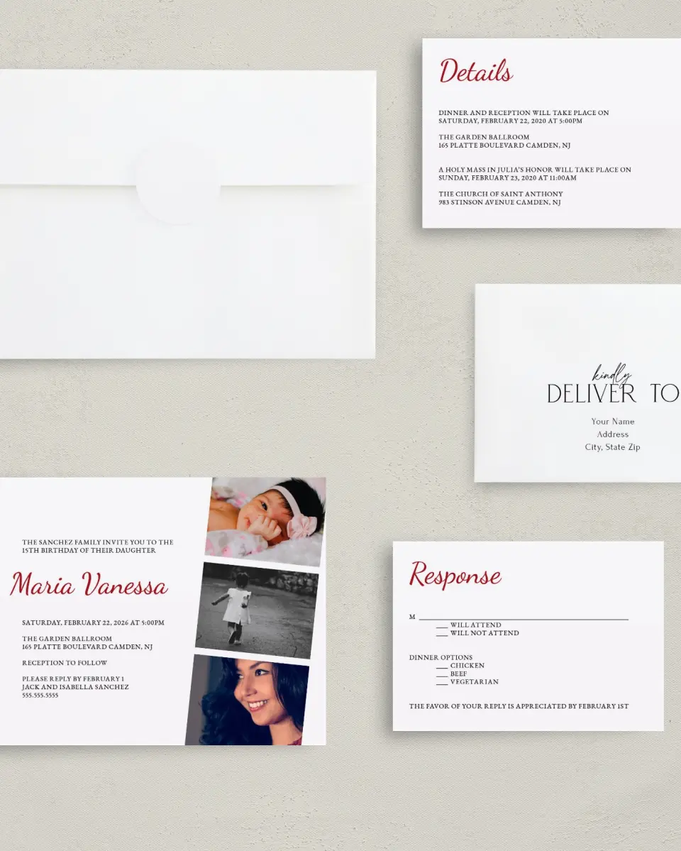 This is a 5" x 7" Quinceanera Invitation called Milestone Moments printed in full color with Silver foil on Luxe Satin (coated) paper
