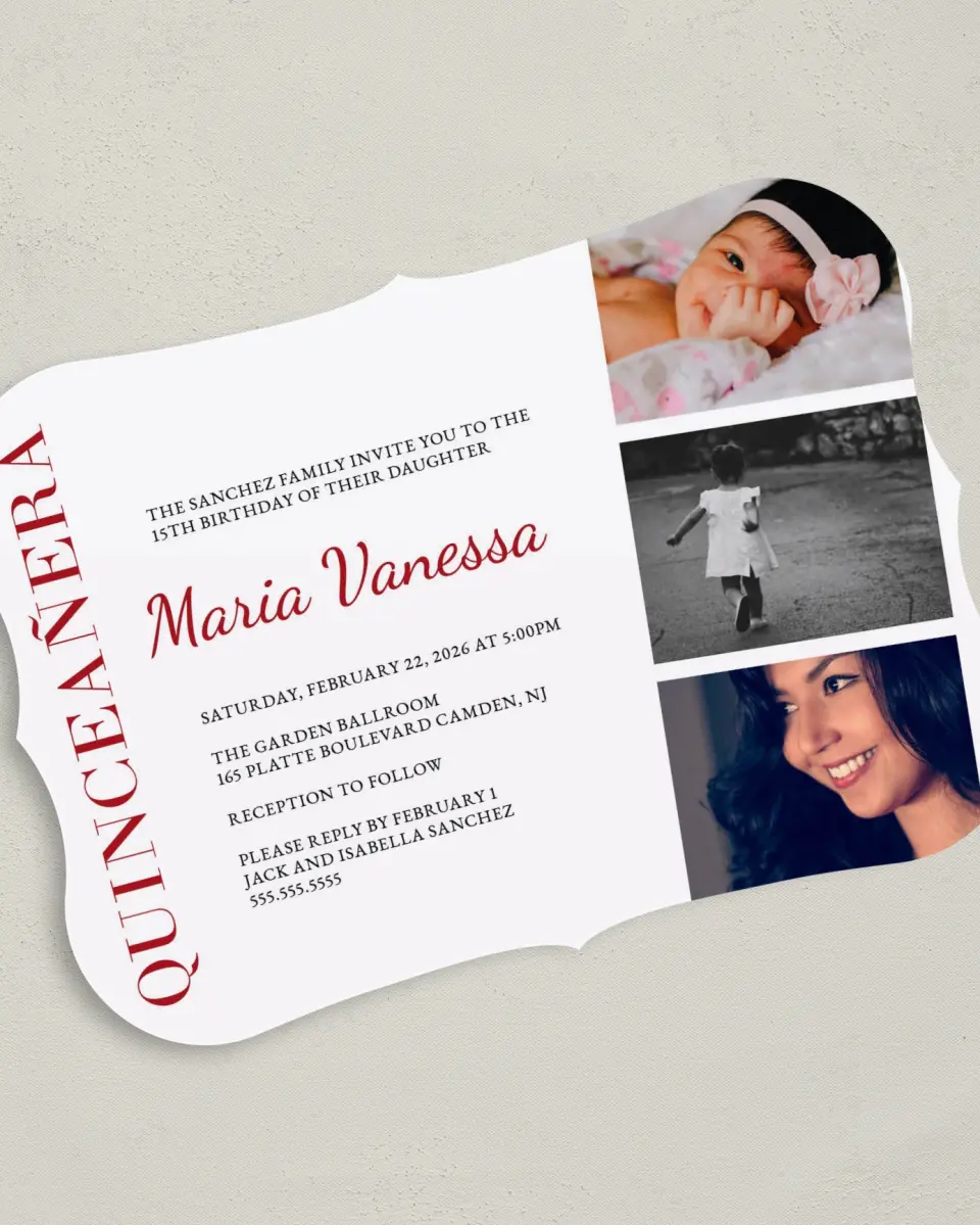 This is a 5" x 7" Quinceanera Invitation called Milestone Moments printed in full color on Premium Smooth paper