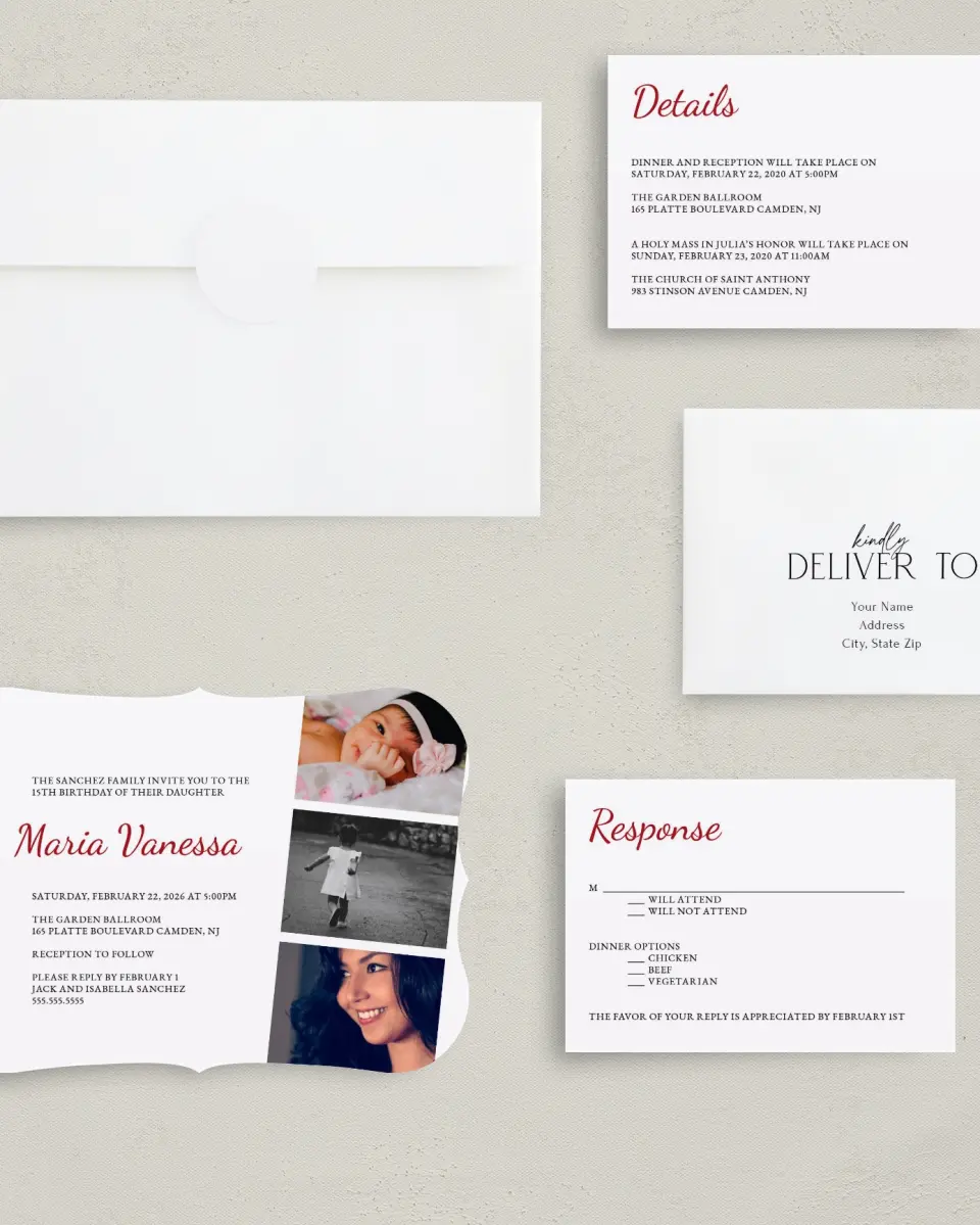 This is a 5" x 7" Quinceanera Invitation called Milestone Moments printed in full color with Silver foil on Luxe Satin (coated) paper