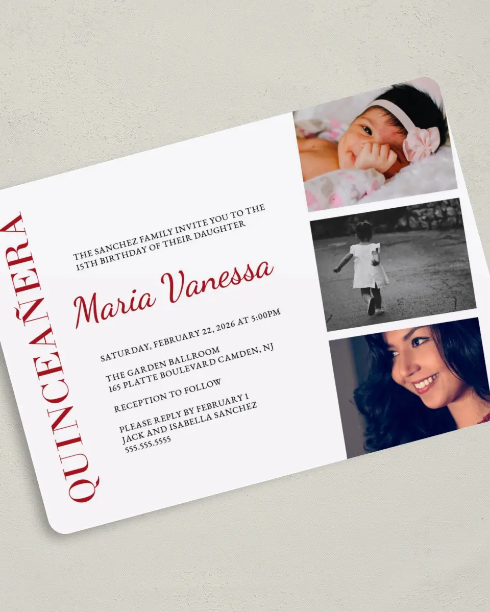 This is a 5" x 7" Quinceanera Invitation called Milestone Moments printed in full color on Premium Smooth paper