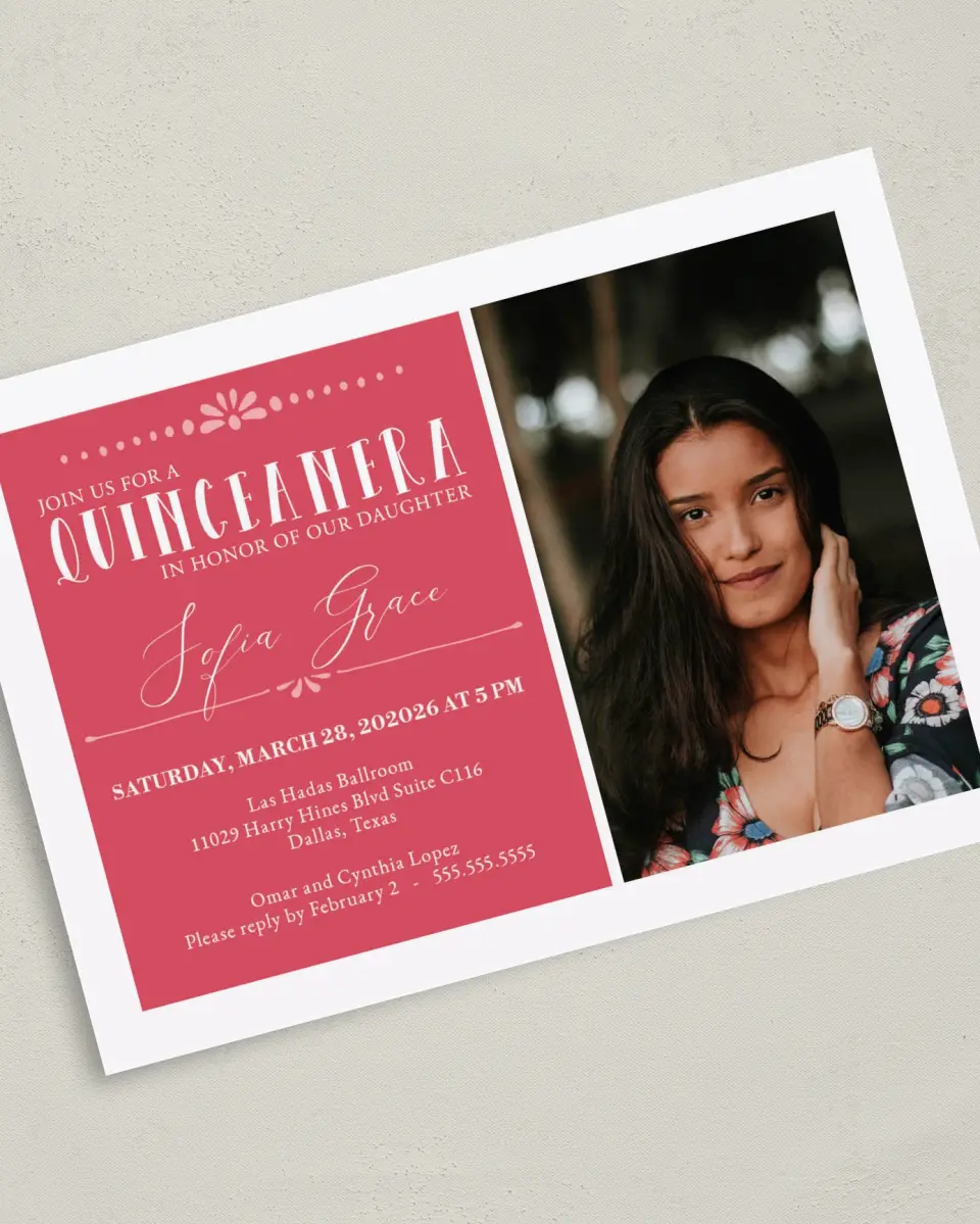 This is a 5" x 7" Quinceanera Invitation called Quince Beauty printed in full color on Premium Smooth paper