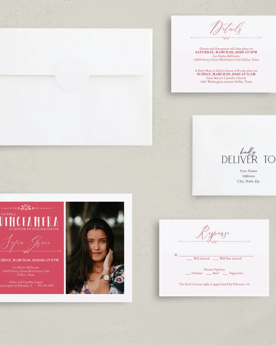 This is a 5" x 7" Quinceanera Invitation called Quince Beauty printed in full color with Silver foil on Luxe Satin (coated) paper