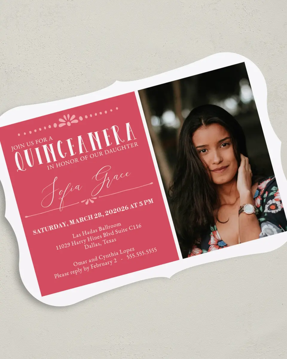 This is a 5" x 7" Quinceanera Invitation called Quince Beauty printed in full color on Premium Smooth paper